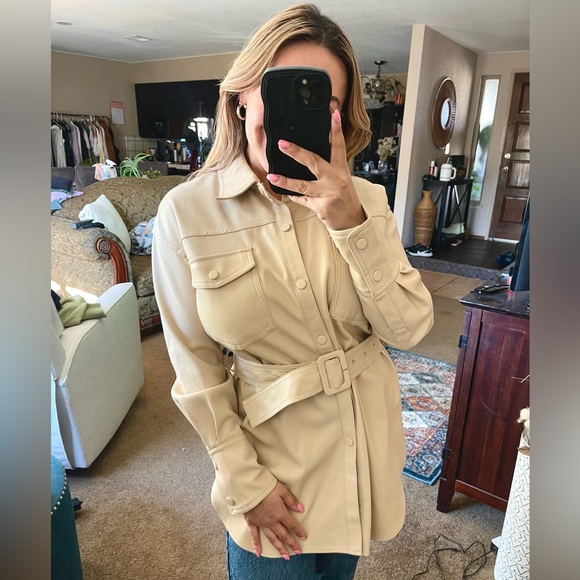Zara | Faux Leather Cream Belted Button Down Shacket Size: Small - Picture 1 of 5